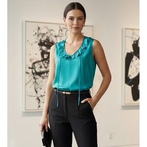 TALBOTS 10 Turquoise Silk V-Neck Ruffle Trim Sleeveless Blouse Top Chic Classic